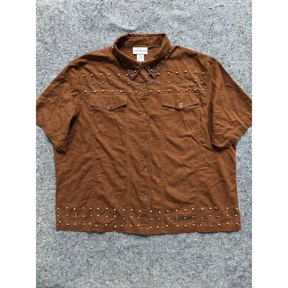 Anna Maxwell Brown Beaded Linen Rayon Button Front Shirt Blouse Size 3X 26/28